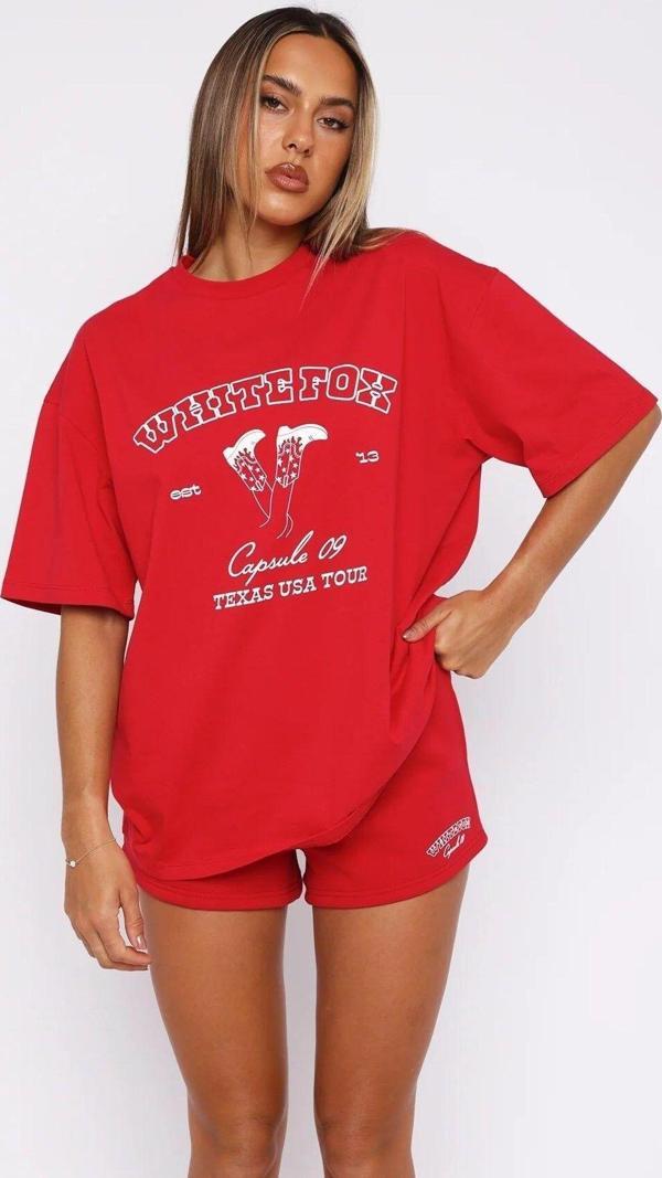 The Champ Clothing White Fox Kırmızı Kadın Capsule 09 Texas Usa Tour Yazılı Bisiklet Yaka T-Shirt - Image 1