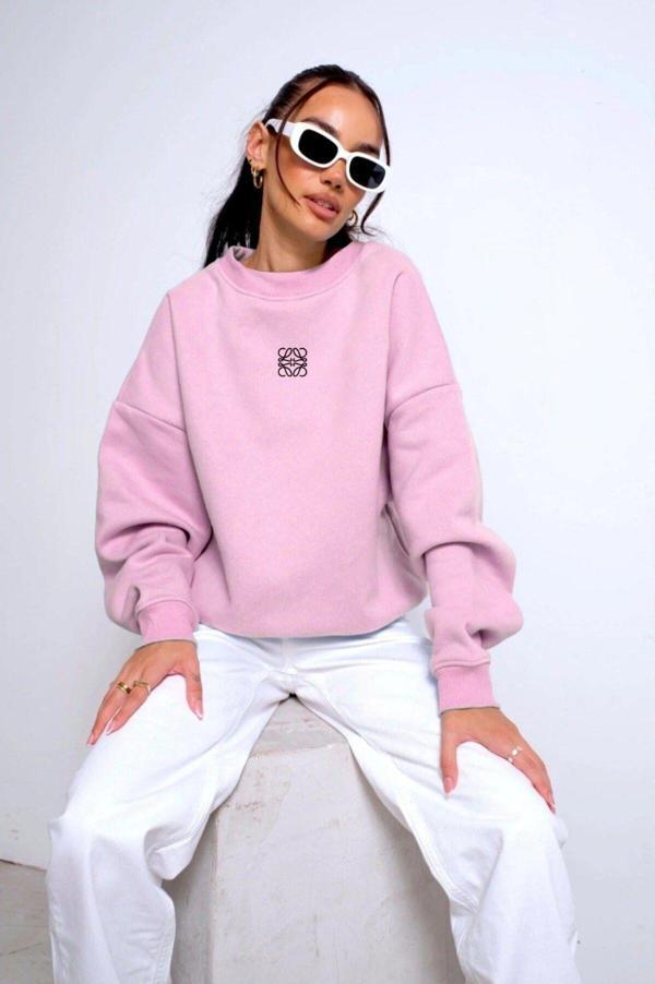 The Champ Clothing Bisiklet Yaka Içi Polar 3D Logo Baskılı Pembe Oversize Sweatshirt - Image 1