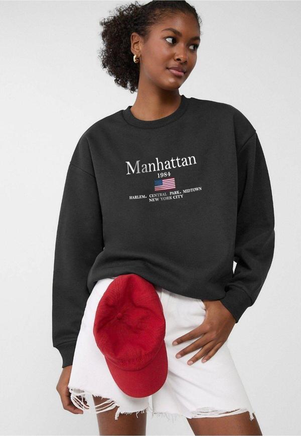 The Champ Clothing Bisiklet Yaka İçi Polar Manhattan 1984 Yazı Baskılı Siyah Oversize Sweatshirt - Image 1