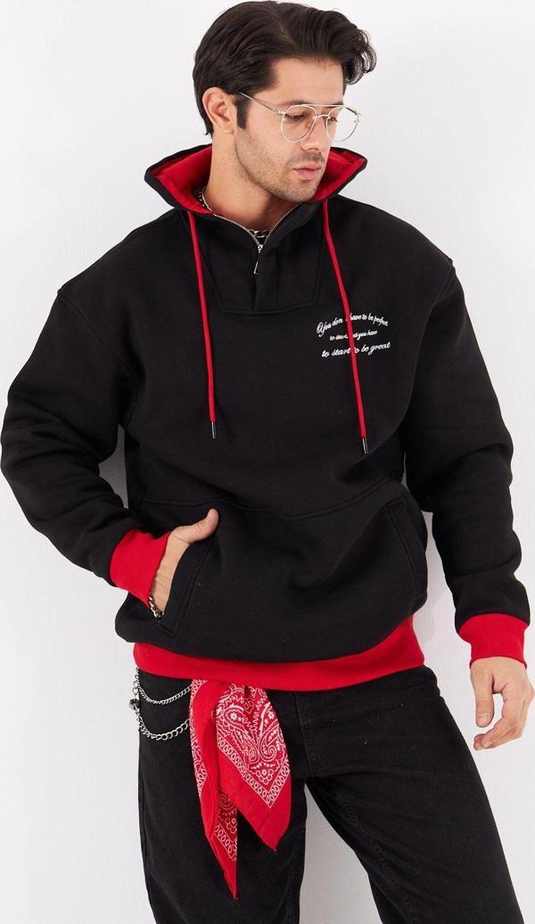 The Champ Clothing You Dont Have To Be Perfect Yazılı Kapüşonlu Bağcık Detaylı Fermuar Kapamalı Oversize Sweatshirt - Image 1