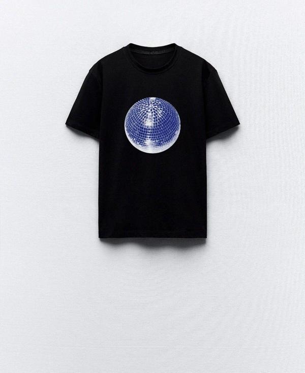 The Champ Clothing Disko Topu Tasarım Baskılı Siyah Kadın T-Shirt - Image 1