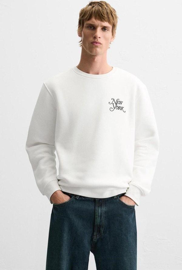The Champ Clothing Beyaz New York Baskılı Sırt Baskı Detaylı Bisiklet Yaka Oversize Sweatshirt - Image 1