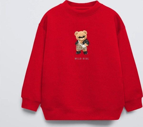 The Champ Clothing Kırmızı Bisiklet Yaka Gözlüklü Ayıcık Baskılı Oversize Çocuk Sweatshirt - Image 1