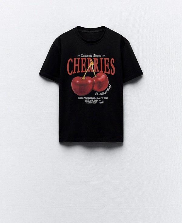 The Champ Clothing Cherries Yazılı Kiraz Tasarım Baskılı Siyah Kadın T-Shirt - Image 1