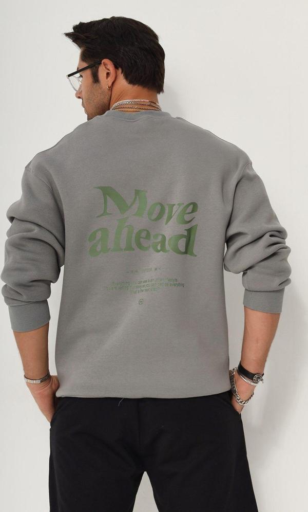 The Champ Clothing Bisiklet Yaka Içi Polar Move Ahead Yazı Baskılı Füme Oversize Hoodie Sweatshirt - Image 1