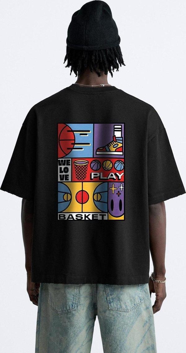 Gia-Art We Love Play Basket Yazılı  Basket Tasarım Baskılı Oversize Siyah Erkek T-Shirt - Image 1