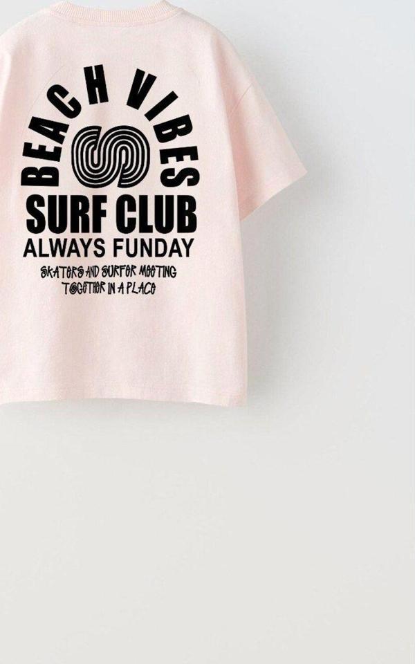 The Champ Clothing Beach Vıbes Surf Club Yazılı Ters S Tasarım Baskılı Pembe Unisex Çocuk T-Shirt - Image 1