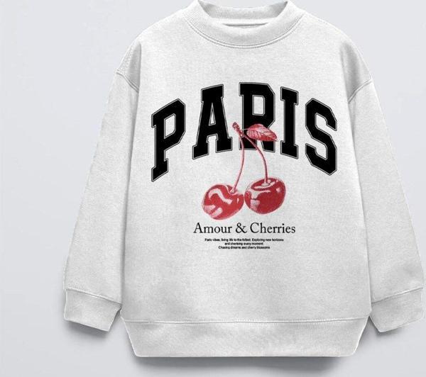 The Champ Clothing Beyaz Bisiklet Yaka Paris Yazılı Cherries Baskılı Oversize Çocuk Sweatshirt - Image 1