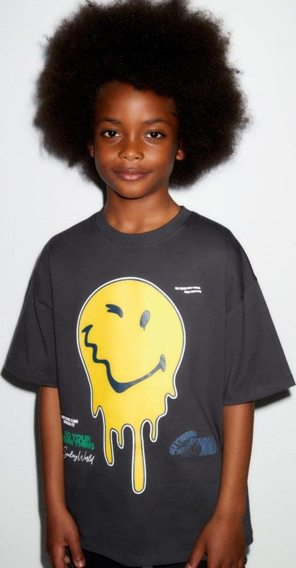 The Champ Clothing Stay Positive Yazılı Gülen Yüz Tasarım Baskılı Gri Çocuk T-Shirt - Image 1
