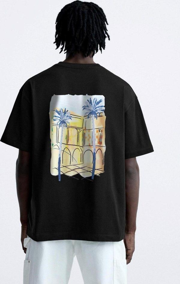 The Champ Clothing Bisiklet Yaka Palmiye Baskılı Oversize Siyah Erkek T-Shirt - Image 1
