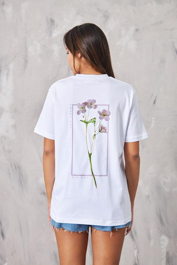 The Champ Clothing Çiçek Temalı Tasarım Baskılı Beyaz Kadın T-Shirt - Image 1