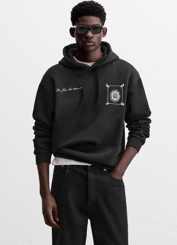 The Champ Clothing Siyah New Your Art Baskılı Kapüşonlu Oversize Hoodie - Image 1