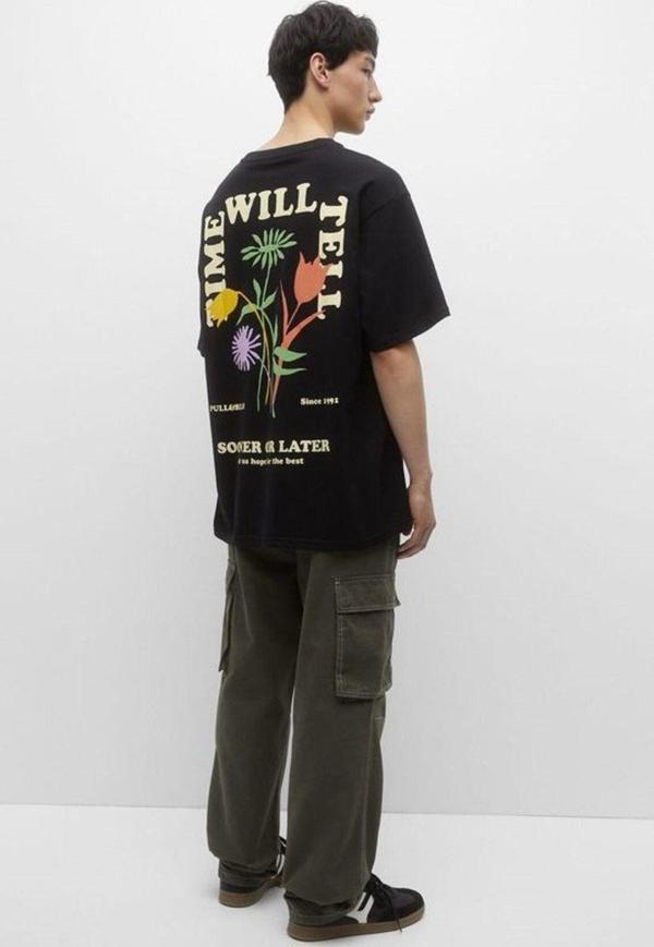 The Champ Clothing Sooner Or Later Yazılı Lale Tasarım Baskılı Oversize Siyah Erkek T-Shirt - Image 1