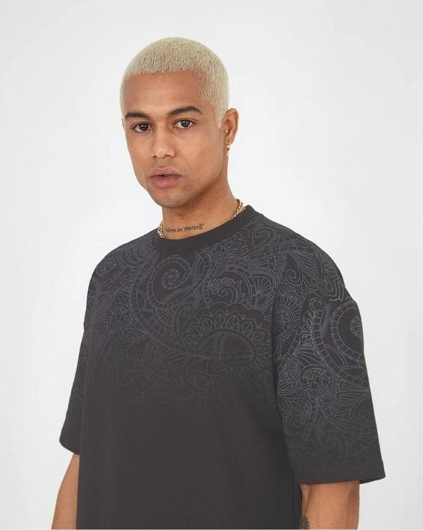 The Champ Clothing Unisex Oversize Şal Desen Baskılı 2 Iplik - Pamuk Tişört - Image 1