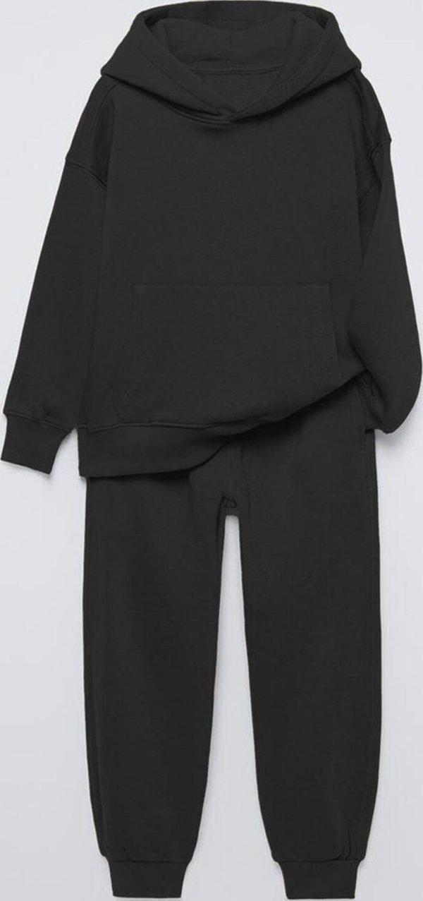 The Champ Clothing Siyah Basic Kapüşonlu Kanguru Cepli Bel Ve Paça Lastikli Çocuk Oversize Sweatshirt - Image 1
