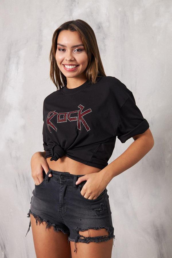 The Champ Clothing Rock Yazılı Kırmızı Taş Baskılı Siyah Kadın T-Shirt - Image 1