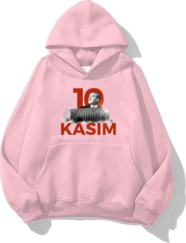 The Champ Clothing Kapüşonlu Içi Polar Kemal Atatürk 10 Kasım Baskılı Pembe Unisex Hoodie Sweatshirt - Image 1