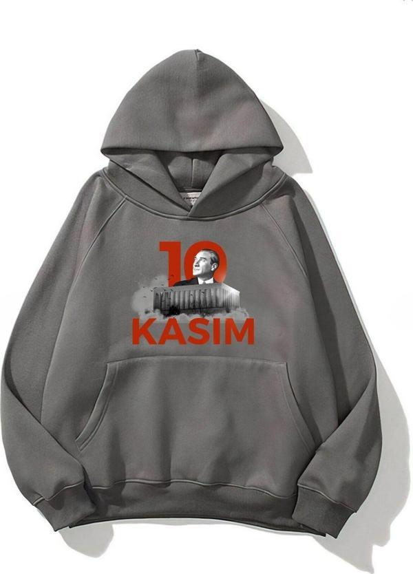 The Champ Clothing Kapüşonlu Içi Polar Kemal Atatürk 10 Kasım Baskılı Füme Unisex Hoodie Sweatshirt - Image 1