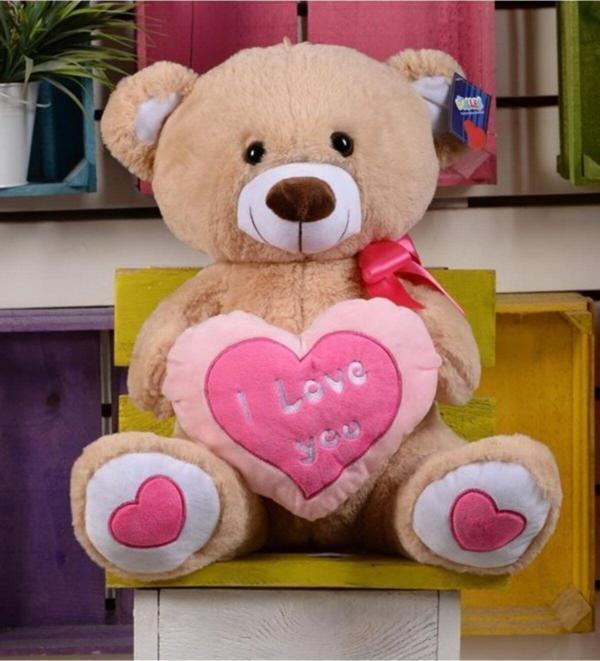 Halley Peluş Oyuncak 50 Cm Kalpli Sevimli Ayı Açık Kahverengi - Image 1