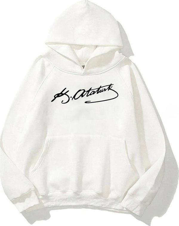 The Champ Clothing Kapüşonlu Içi Polar Kemal Atatürk Imzalı Baskılı Beyaz Unisex Sweatshirt - Image 1