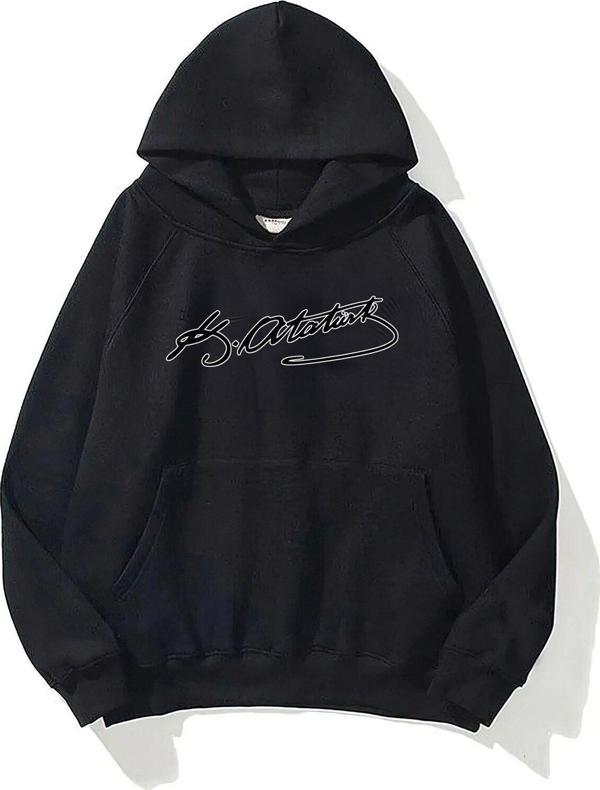 The Champ Clothing Kapüşonlu Içi Polar Kemal Atatürk Imzalı Baskılı Siyah Unisex Hoodie Sweatshirt - Image 1