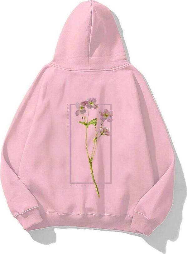 The Champ Clothing Kapüşonlu Içi Polar Flowers Baskılı Pembe Unisex Hoodie Sweatshirt - Image 1