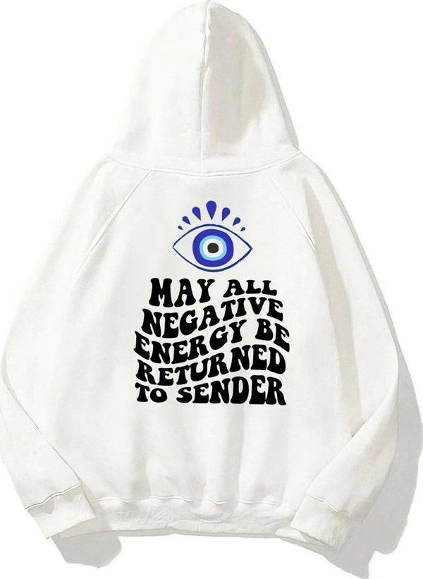 The Champ Clothing Kapüşonlu Içi Polar Kirpikli Nazar Boncuğu Baskılı Beyaz Unisex Sweatshirt - Image 1