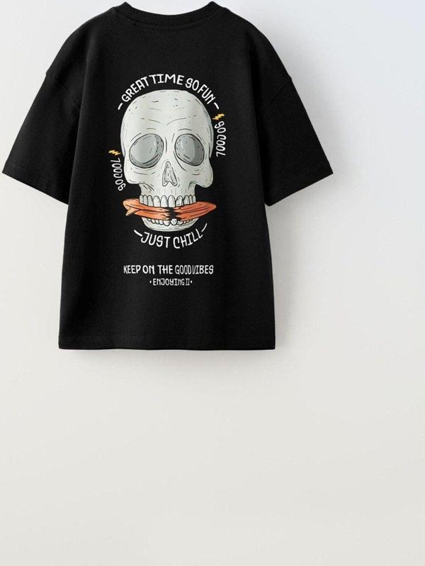 The Champ Clothing Great Time So Fun Yazılı Kuru Kafa Tasarım Baskılı Siyah Unisex Çocuk T-Shirt - Image 1