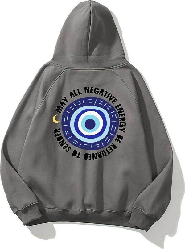 The Champ Clothing Kapüşonlu Içi Polar Nazar Boncuğu Baskılı Füme Unisex Sweatshirt - Image 1