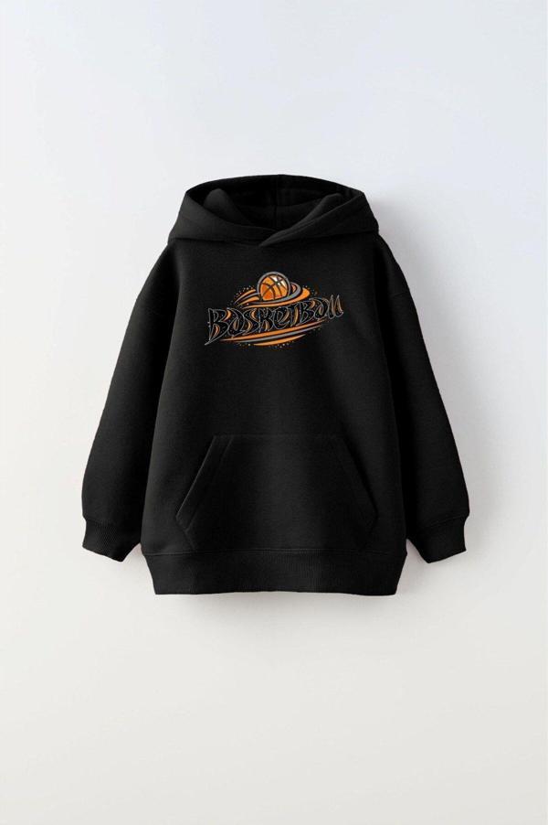 The Champ Clothing Kapüşonlu Içi Polar Basketbol Baskılı Siyah Unisex Çocuk Sweatshirt - Image 1