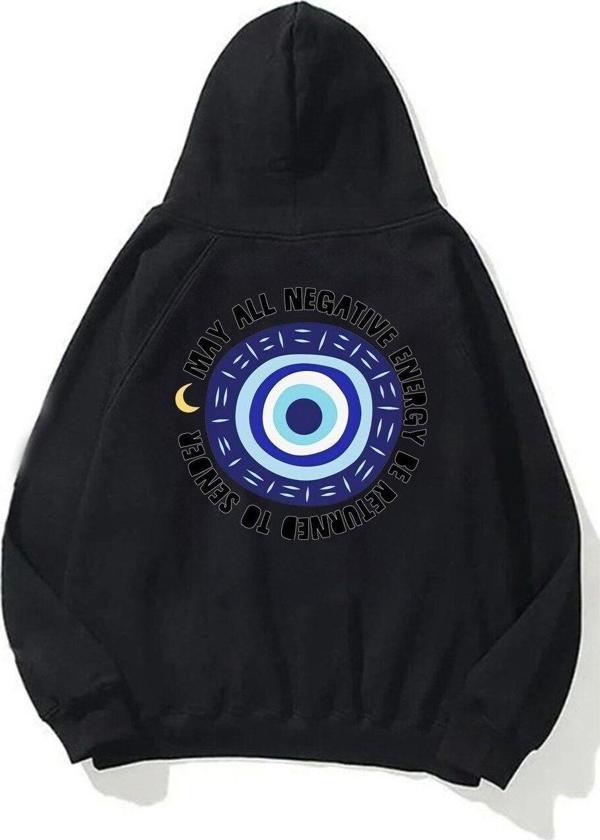 The Champ Clothing Kapüşonlu Içi Polar Nazar Boncuğu Baskılı Siyah Unisex Sweatshirt - Image 1