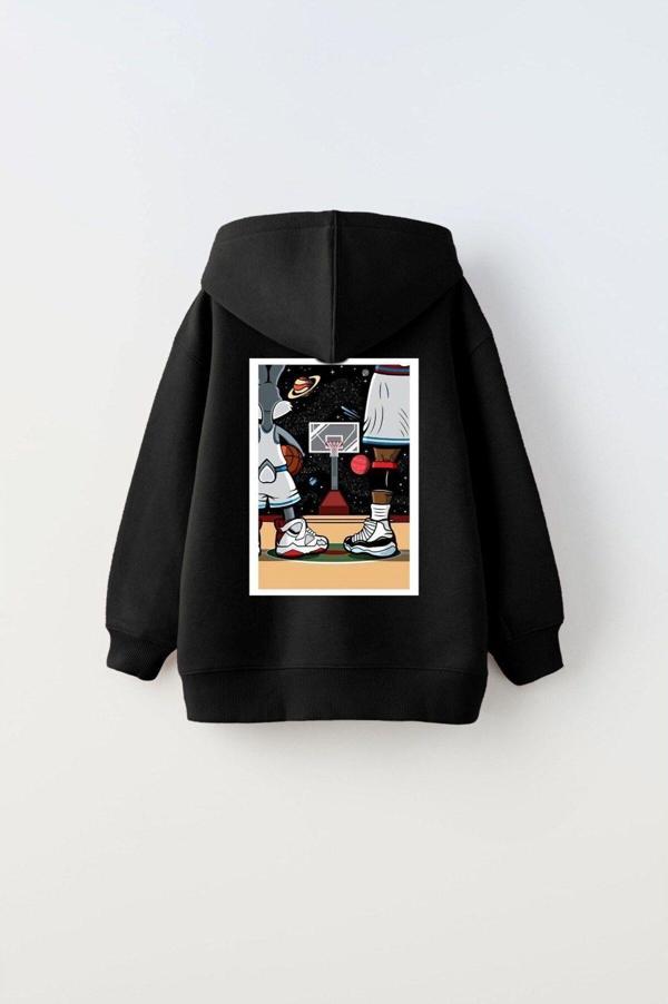 The Champ Clothing Kapüşonlu Içi Polar I Love This Game Yazılı Basketbol Baskılı Siyah Unisex Çocuk Sweatshirt - Image 1