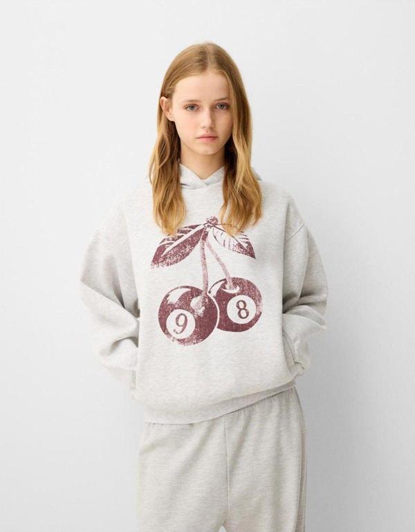 The Champ Clothing Gri  Çocuk 98 Cherries Baskılı Main Charactery Enegy Only Yazılı Kapüşonlu Oversize Hoodie - Image 1