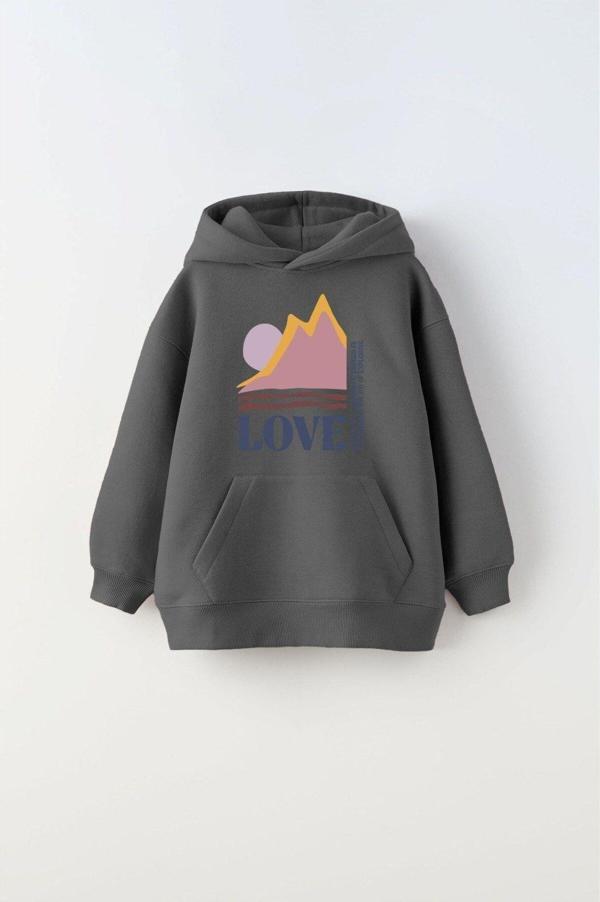 Gia-Art Kapüşonlu İçi Polar Love Yazı Baskılı Füme Unisex Çocuk Hoodie Sweatshirt - Image 1