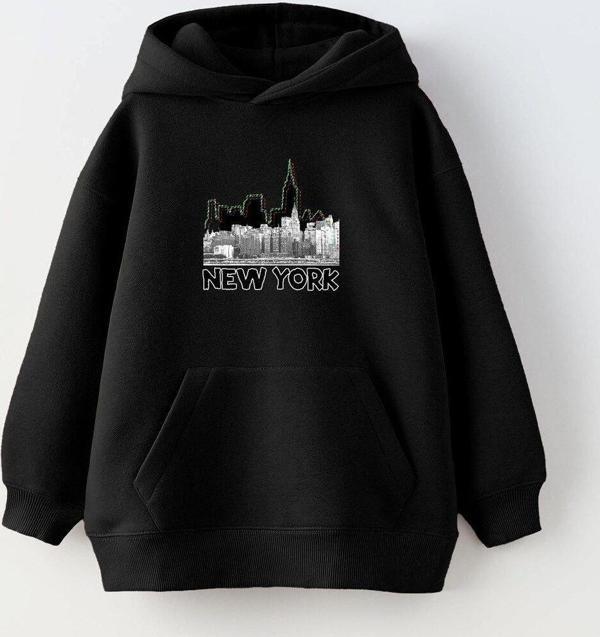 Gia-Art Kapüşonlu İçi Polar New York Yazı Baskılı Siyah Unisex Çocuk Hoodie Sweatshirt - Image 1