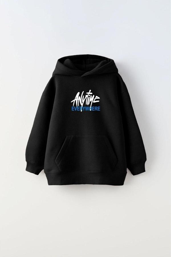 The Champ Clothing Kapüşonlu Içi Polar Any Time Every Where Yazı Baskılı Siyah Unisex Çocuk Hoodie Sweatshirt - Image 1