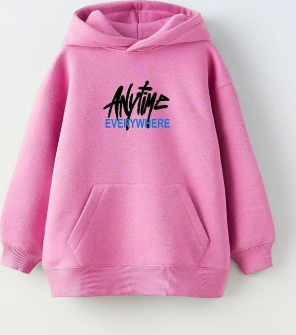 The Champ Clothing Kapüşonlu Içi Polar Any Time Every Where Yazı Baskılı Pembe Unisex Çocuk Sweatshirt - Image 1