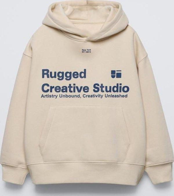 The Champ Clothing Bej Çocuk Rugged Creative Stüdyo Baskılı Oversize Kapüşonlu Kanguru Cepli Sweatshirt - Image 1