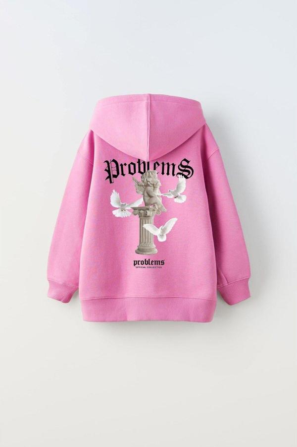 The Champ Clothing Kapüşonlu İçi Polar Problems Yazılı Heykel Baskılı Pembe Unisex Çocuk Hoodie Sweatshirt - Image 1