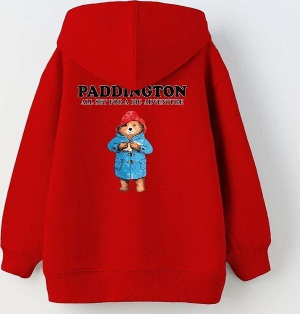The Champ Clothing Kapüşonlu Içi Polar Paddington Yazılı Ayı Figür Baskılı Kırmızı Unisex Çocuk Hoodie Sweatshirt - Image 1
