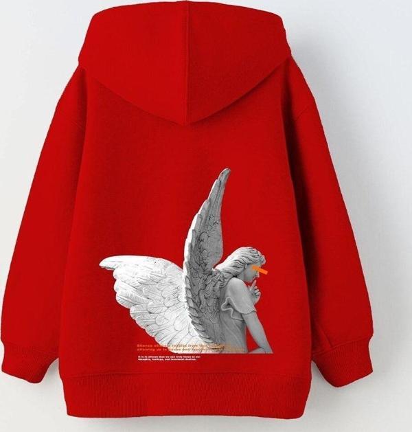 The Champ Clothing Kapüşonlu Içi Polar Art Work Heykel Baskılı Kırmızı Unisex Çocuk Hoodie Sweatshirt - Image 1