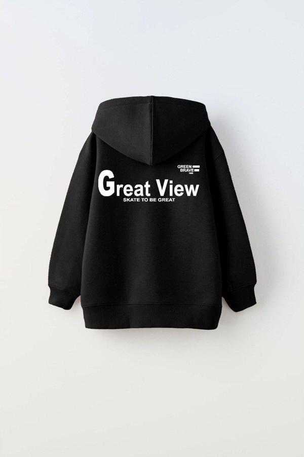 The Champ Clothing Kapüşonlu Içi Polar Great View Yazı Baskılı Siyah Unisex Çocuk Hoodie Sweatshirt - Image 1