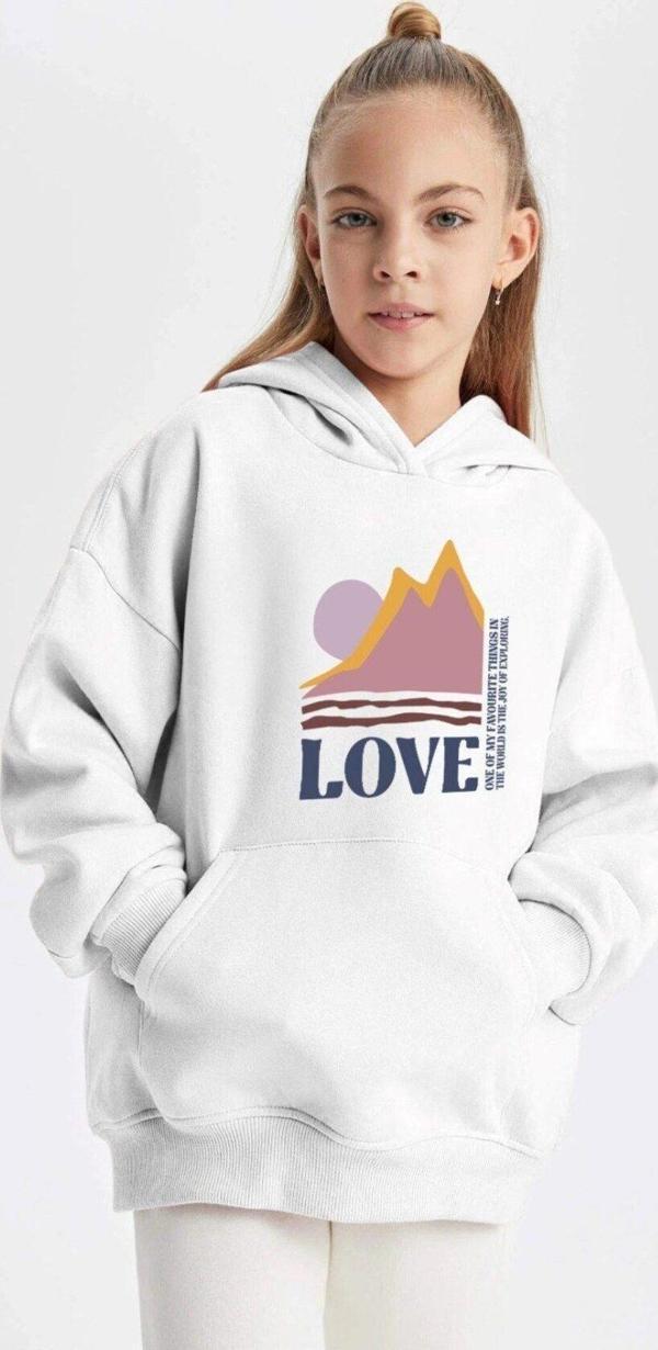 The Champ Clothing Kapüşonlu Içi Polar Love Yazı Baskılı Beyaz Unisex Çocuk Hoodie Sweatshirt - Image 1