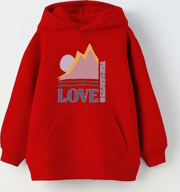 The Champ Clothing Kapüşonlu Içi Polar Love Yazı Baskılı Kırmızı Unisex Çocuk Hoodie Sweatshirt - Image 1