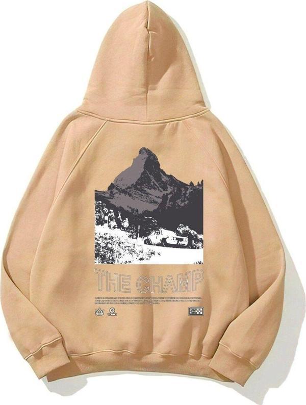 The Champ Clothing Kapüşonlu Içi Polar The Champ Dağ Baskılı Bej Unisex Hoodie Sweatshirt - Image 1