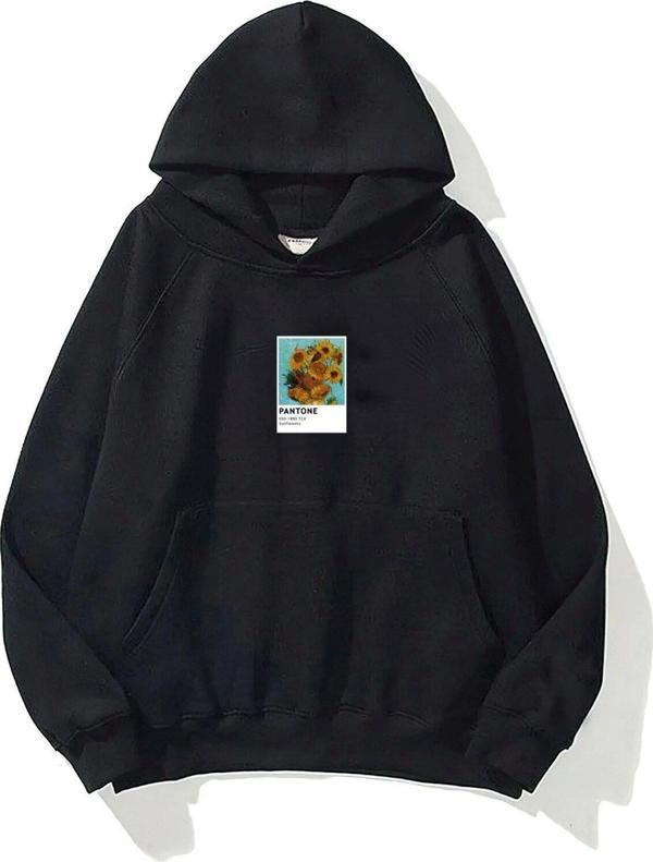 The Champ Clothing Kapüşonlu Içi Polar Sunflowers Baskılı Siyah Unisex Oversize Hoodie Sweatshirt - Image 1