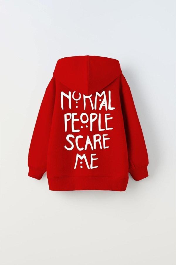 The Champ Clothing Kapüşonlu Içi Polar Normal People Scare Me Baskılı Kırmızı Unisex Çocuk Hoodie Sweatshirt - Image 1