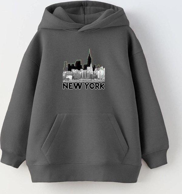 The Champ Clothing Kapüşonlu Içi Polar New York Yazı Baskılı Siyah Unisex Çocuk Hoodie Sweatshirt - Image 1