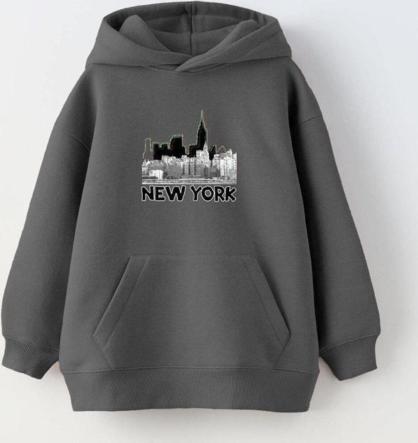 The Champ Clothing Kapüşonlu Içi Polar New York Yazı Baskılı Siyah Unisex Çocuk Hoodie Sweatshirt - Image 1