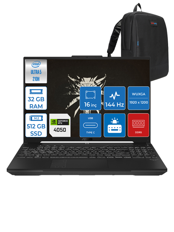 Asus Tuf Gaming F16 FX607VU Intel Core Ultra 5 210H 32GB Ddr5 512GB SSD 6GB/RTX4050/140W WIN11PRO 16" Fhd+ 144Hz IPS Taşınabilir Bilgisayar FXRL141P09 + Zettaçanta - Image 1
